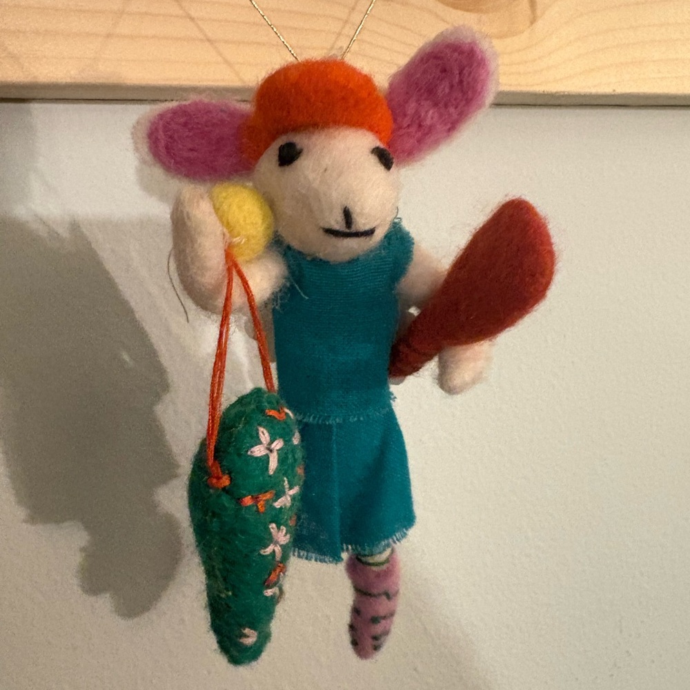 Anthropologie Felt Bunny Ornament Tennis in Teal Dress with Colorful Accents
